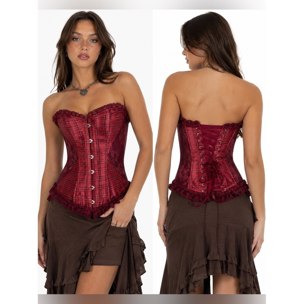 NWT Red Plaid Lace-Up Boned Corset Top Ren Faire Gothic XL